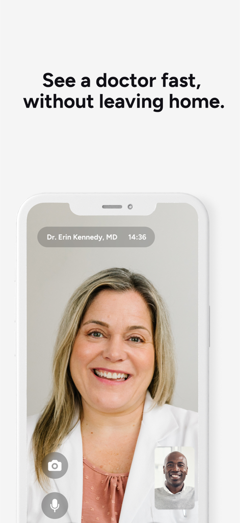 Pantalla de teléfono inteligente que muestra una consulta de video en vivo con un médico en la aplicación Doctor On Demand.