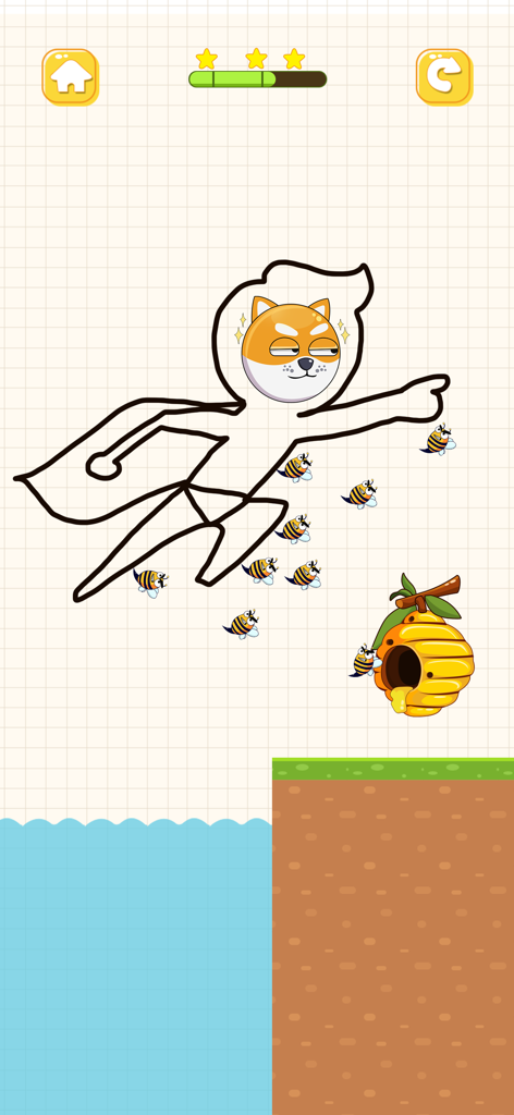 Save The Doge: Rescue Dog Game - A protective line drawn around a superhero Doge character to shield it from bees in a puzzle level.