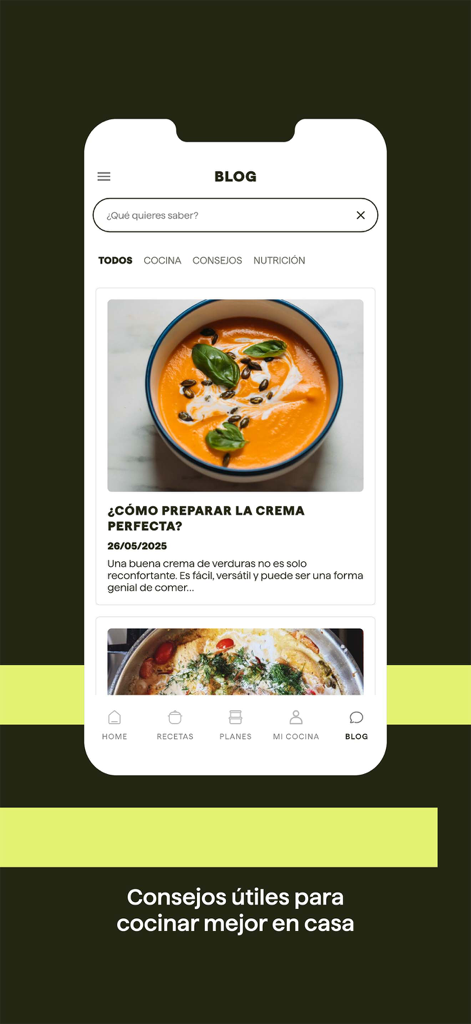 Biotiful App: tu cocina fácil - Biotiful App blog section featuring a pumpkin soup recipe and cooking tips.