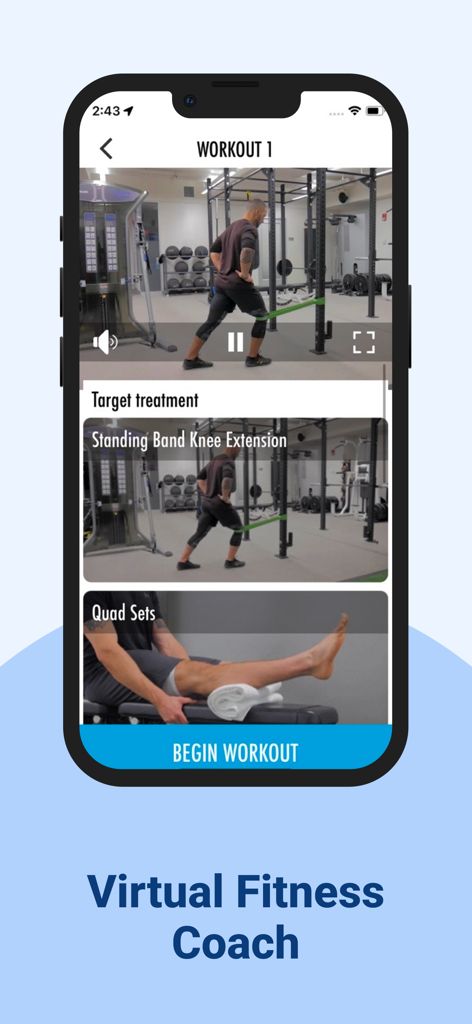PhysioCare ~  Injury Rehab - Interfaz de la aplicación PhysioCare que muestra un entrenador de fitness virtual con ejercicios de rehabilitación de rodilla como extensión de rodilla con banda de pie.