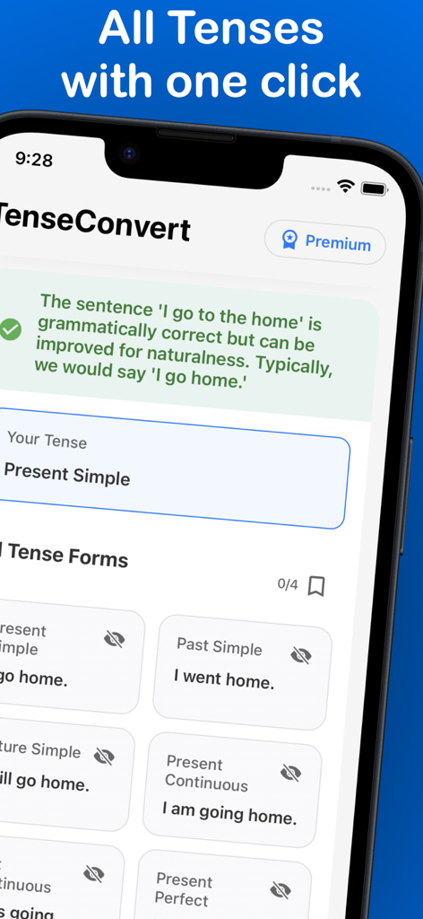 Tense Converter: Smart Grammar - Interface do aplicativo Tense Converter mostrando correção gramatical de frases e conversão em diferentes tempos verbais em inglês, como passado e futuro.