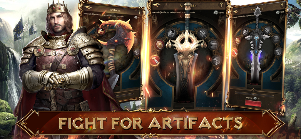 Rising: War for Dominion - Medieval king standing next to legendary artifact weapon cards in Rising War for Dominion