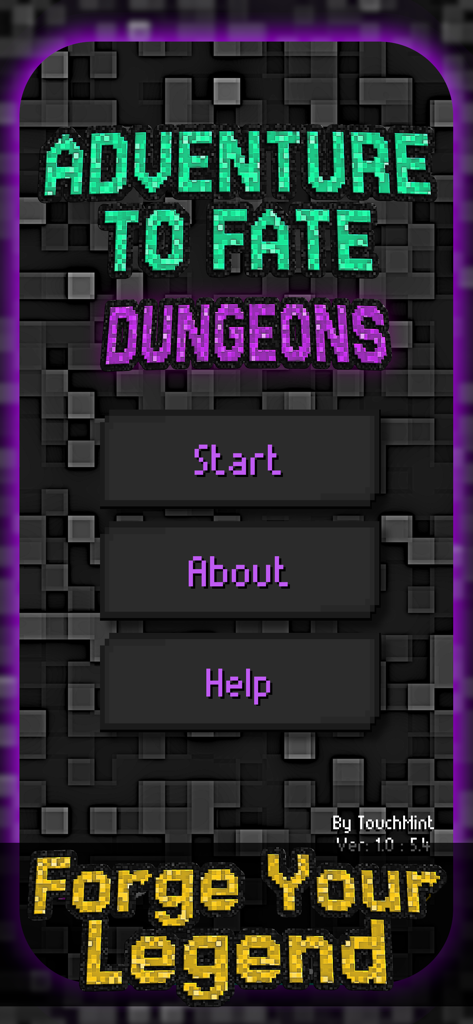 Adventure To Fate: Dungeons - The main title screen of Adventure To Fate Dungeons featuring retro pixel art and navigation buttons for Start and Help.