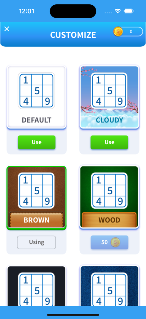 Sudoku Plus: Classic & Killer - Custom board themes selection screen in Sudoku Plus