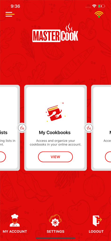 Tela inicial do aplicativo MasterCook exibindo a seção Meus Livros de Receitas para organização