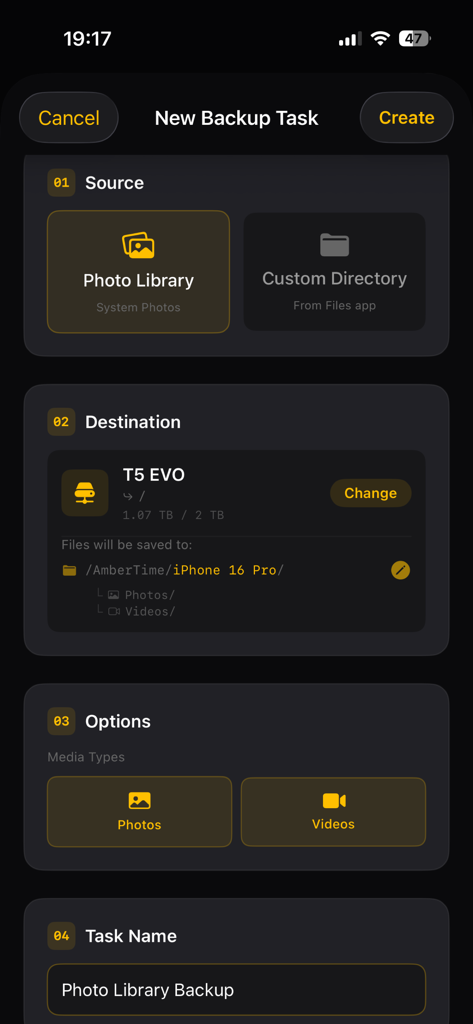 AmberTime - Offline Backup - L'interface de l'application AmberTime montrant la configuration d'une nouvelle tâche de sauvegarde de photothèque vers un SSD externe.