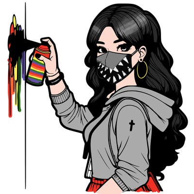 realistic girl with mask spray painting a wall