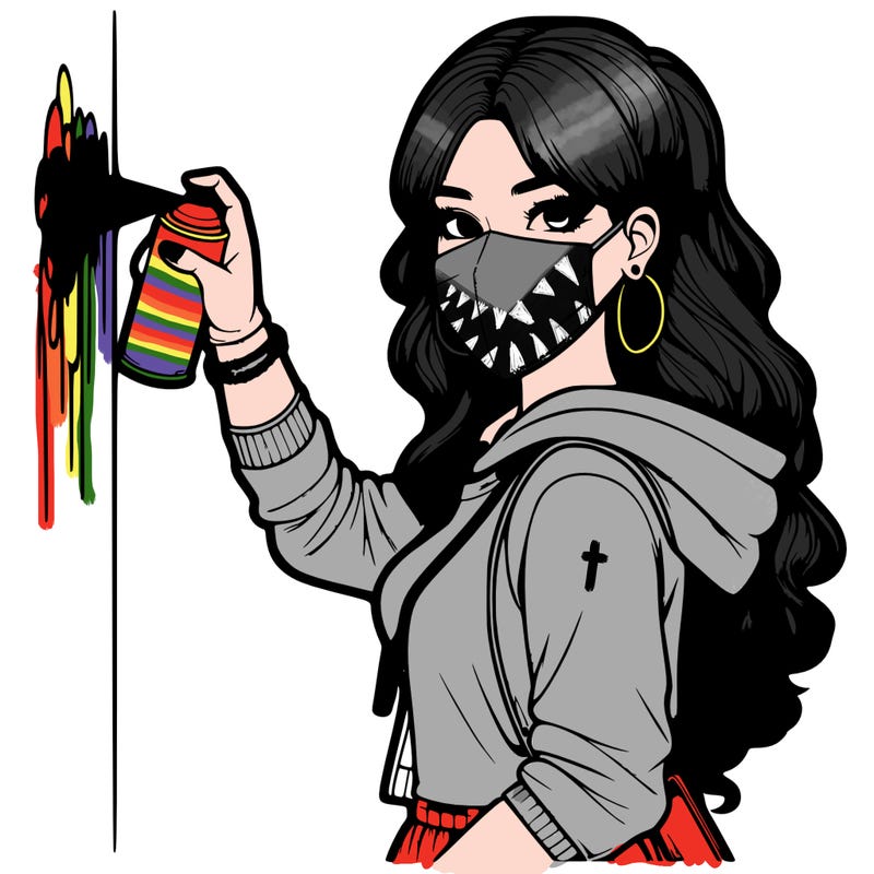 realistic girl with mask spray painting a wall