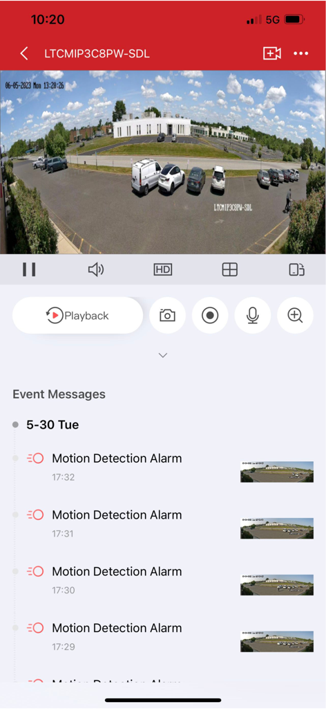 LTS Connect app che mostra filmati di sicurezza live e cronologia degli allarmi di rilevamento del movimento.