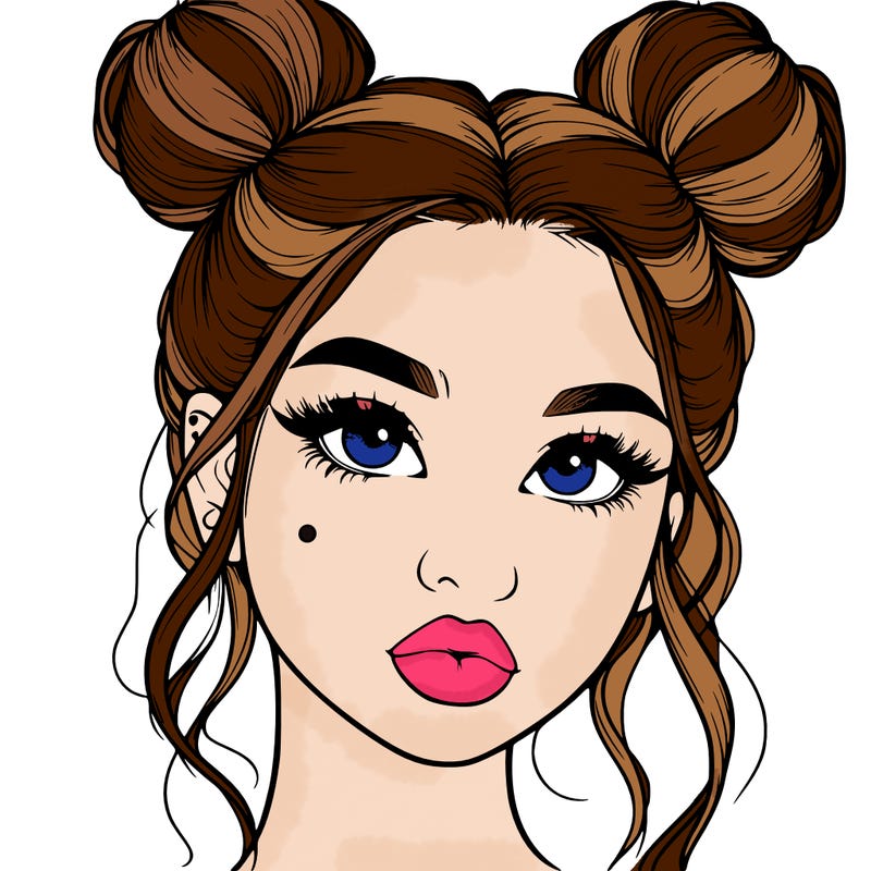 realistic girl with two buns on her hair and lips