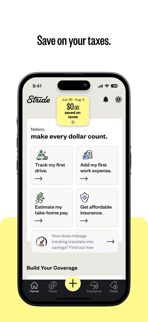 Stride: Mileage & Tax Tracker - Stride app interface showing mileage tracking and expense logging options for gig workers