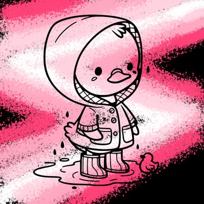 baby duck in a rain coat and boots, in a puddle while it’s raining