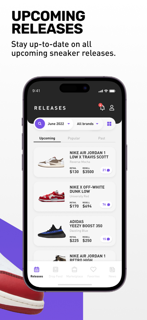 Sneaker Crush app interface showing upcoming releases and prices for trending sneakers like Jordans and Yeezys.