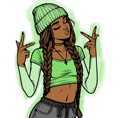 realistic teenage girl with braids and a beanie and crop top doing 🫶🏼