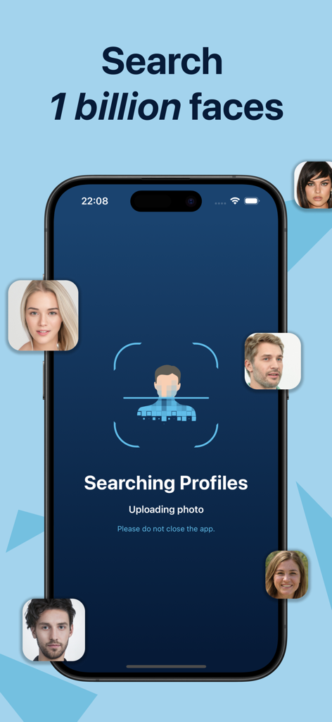 Facial Recognition - 顔認識アプリが、浮遊するプロフィール写真とともに10億の顔のデータベースを検索しているスマートフォンの画面。