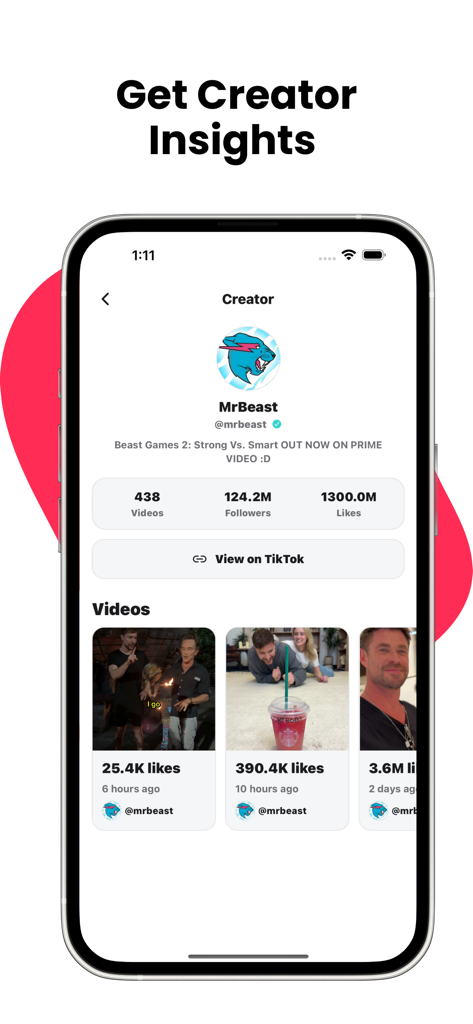 ViralFinder - Trending Content - Screenshot dell'app ViralFinder che visualizza insight sui creator dei social media e analisi del profilo per MrBeast