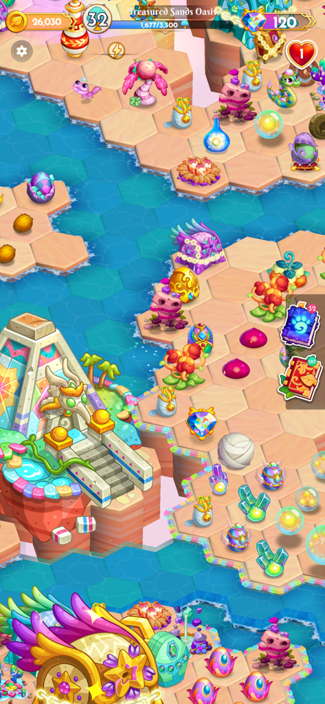 Midas Merge: Relaxing Games - A vibrant fantasy garden in Midas Merge with magical creatures and mergeable items on a hexagonal grid.