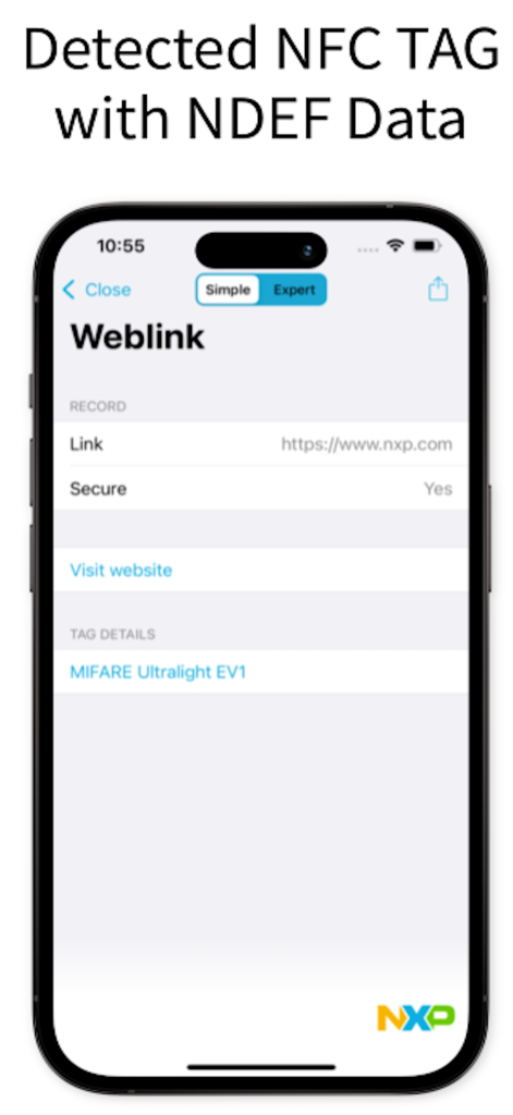 NFC TagInfo app screenshot showing a detected NDEF weblink and MIFARE tag details