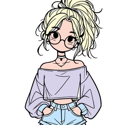 girl with a messy ponytail glasses a baggy crop top and jean shorts