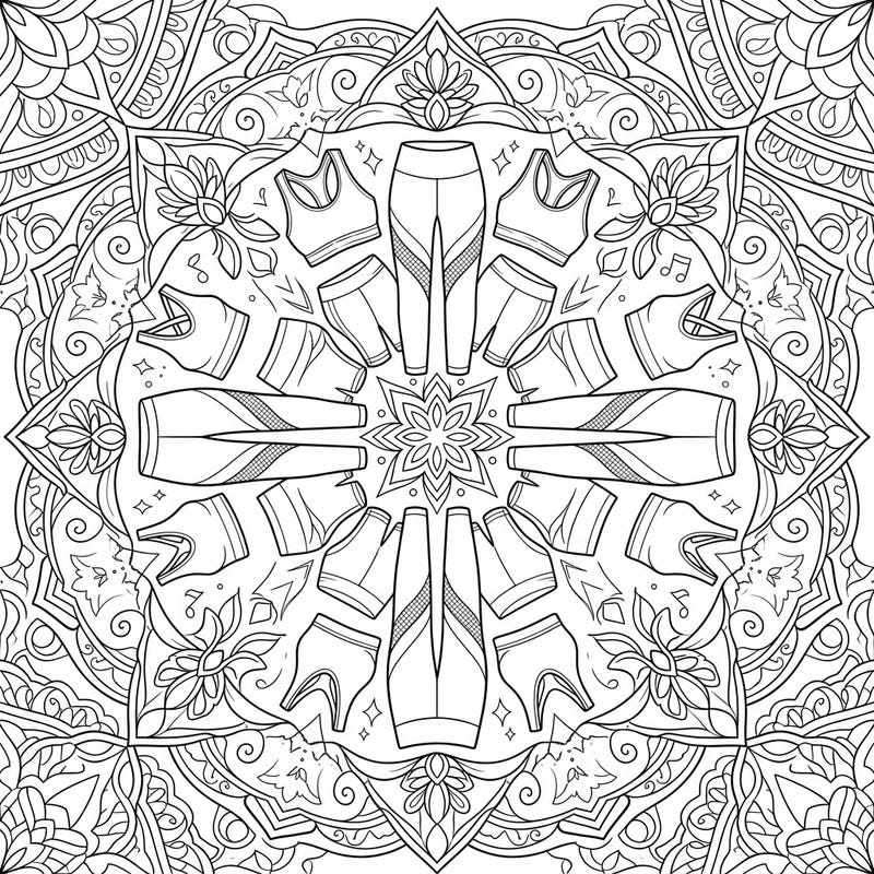 Step into a world of rhythmic artistry with this captivating Dance Activewear Mandala coloring page. This intricate design blends athletic fashion with a calming symmetrical pattern, perfect for mindful coloring.