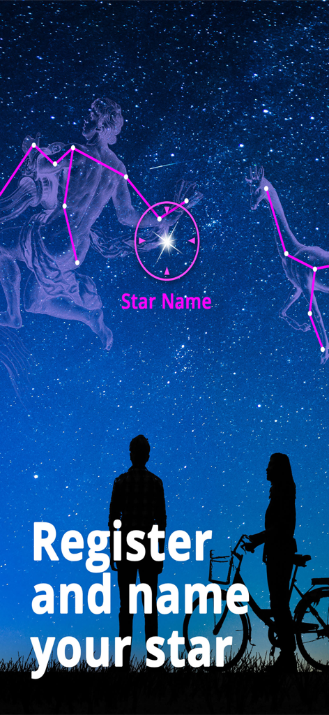 Silhouette of a couple looking up at a starry sky with constellation drawings and a target to name a star.