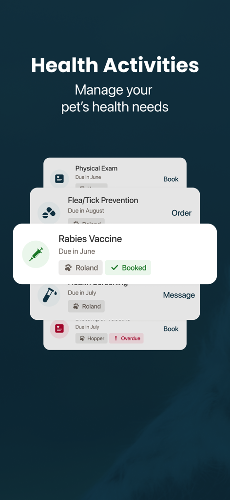 Interface de l'application Happy Healthy Pets montrant une liste d'activités de santé de l'animal et des rappels de vaccination