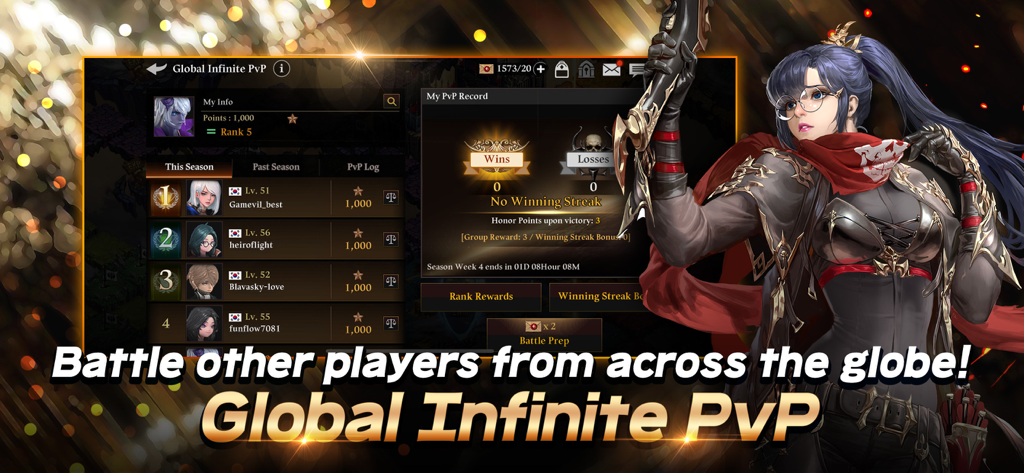 Heir of Light Global Infinite PvP interface showing player rankings and a gothic-style female character.