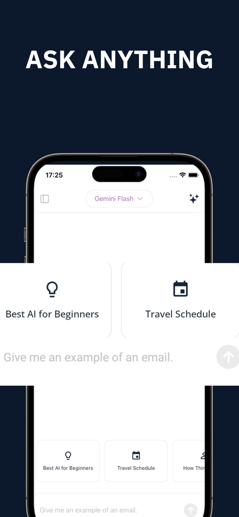 Interface de chat de l'application Hub AI mettant en vedette le modèle Gemini Flash avec des suggestions de tâches comme la planification de voyages et la rédaction d'e-mails sous le titre ASK ANYTHING