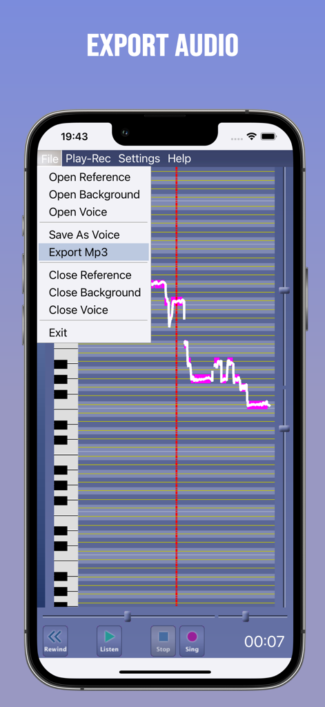 Singing Tutor - Pantalla de la aplicación Tutor de Canto que muestra la opción del menú de exportación de MP3 sobre un gráfico de análisis de afinación vocal