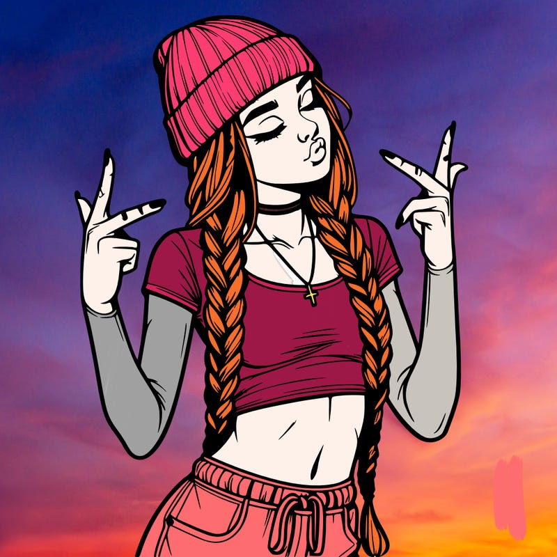 realistic teenage girl with braids and a beanie and crop top doing 🫶🏼