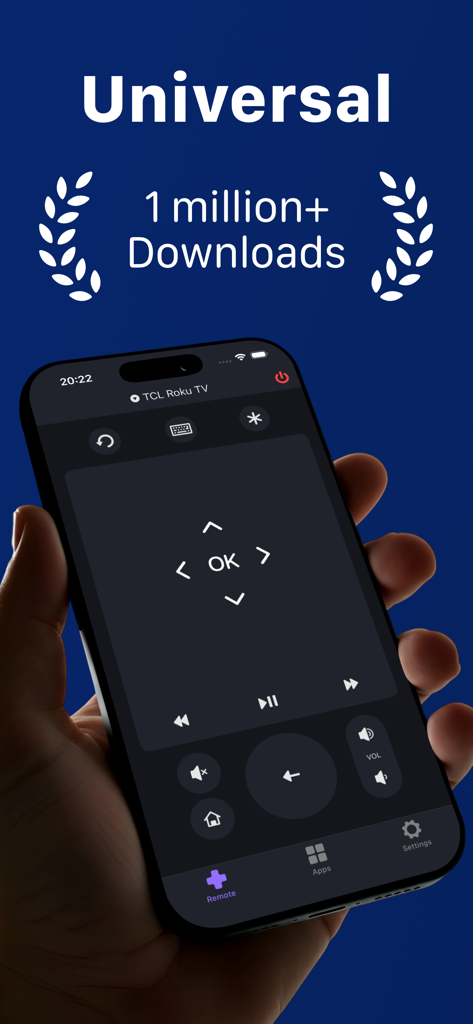 Universal : TV Remote Control - Une main tenant un iPhone affichant l'interface de la télécommande universelle pour TV Rocky pour Roku TV