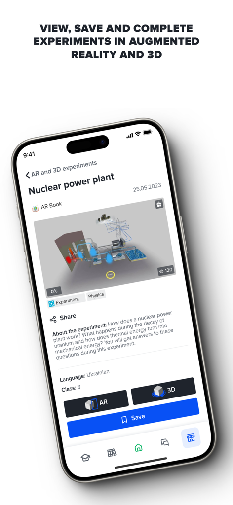AR Book app displaying a 3D interactive nuclear power plant experiment for physics lessons.