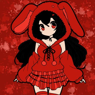 pretty anime girl wearing a fluffy hoodie with bunny ears on the hood and a skirt