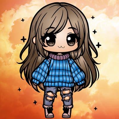 chibi girl with ripped jeans,long hair, and an oversized sweater