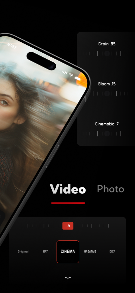 FILCA app video recording interface with cinematic filter and grain adjustments