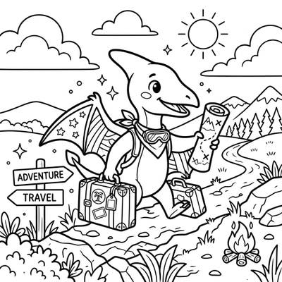 Get ready for an epic journey with this adorable Pterodactylus vacation coloring page. Our happy dino is packed and eager to explore, making this a perfect coloring adventure for all ages.