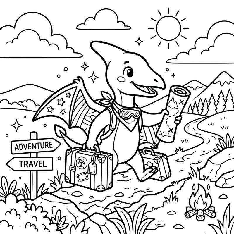 Get ready for an epic journey with this adorable Pterodactylus vacation coloring page. Our happy dino is packed and eager to explore, making this a perfect coloring adventure for all ages.