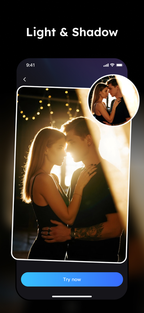 NanoBlink app interface showing cinematic light and shadow AI video filter