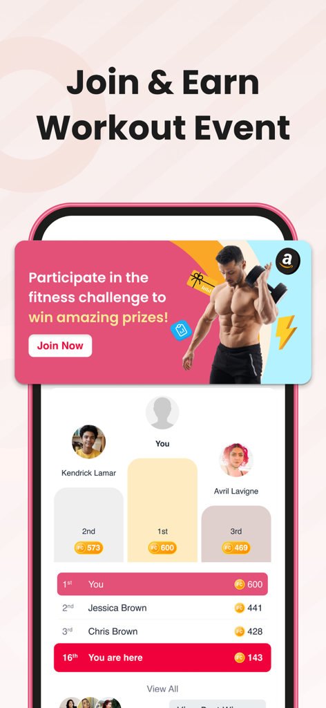 FitMe: Home Workout for Women - Captura de pantalla de la aplicación FitMe mostrando una tabla de clasificación de eventos de entrenamiento y premios de desafíos de fitness