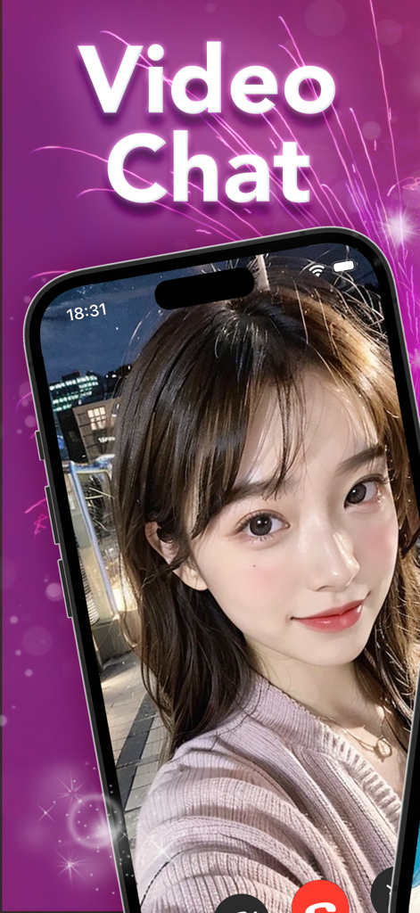 紫色の花火を背景に、Hanabiモバイルアプリでビデオチャットに参加している女性。