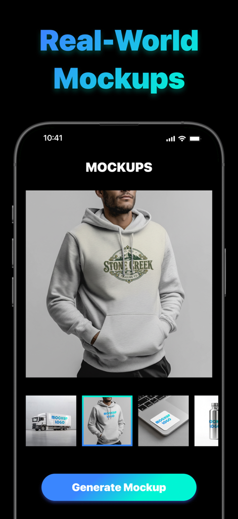 Kitnex 모바일 앱 화면에 회색 후드티 및 기타 브랜딩 목업에 로고 미리보기가 표시됩니다.