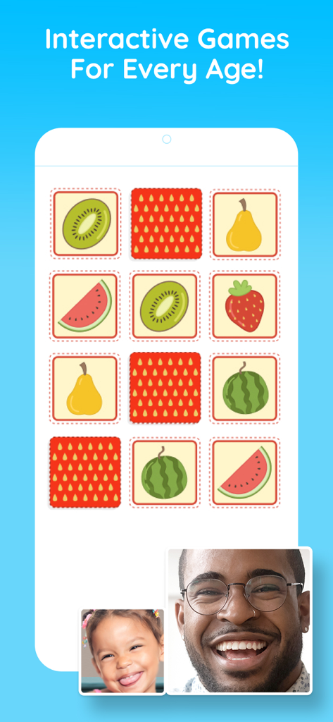 An adult and a child playing a fruit-themed memory game together during a video call on the Caribu app.