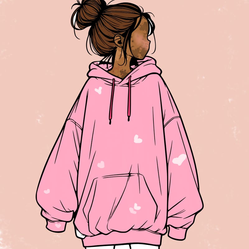 realistic girl with a oversized sweatshirt on and a bun