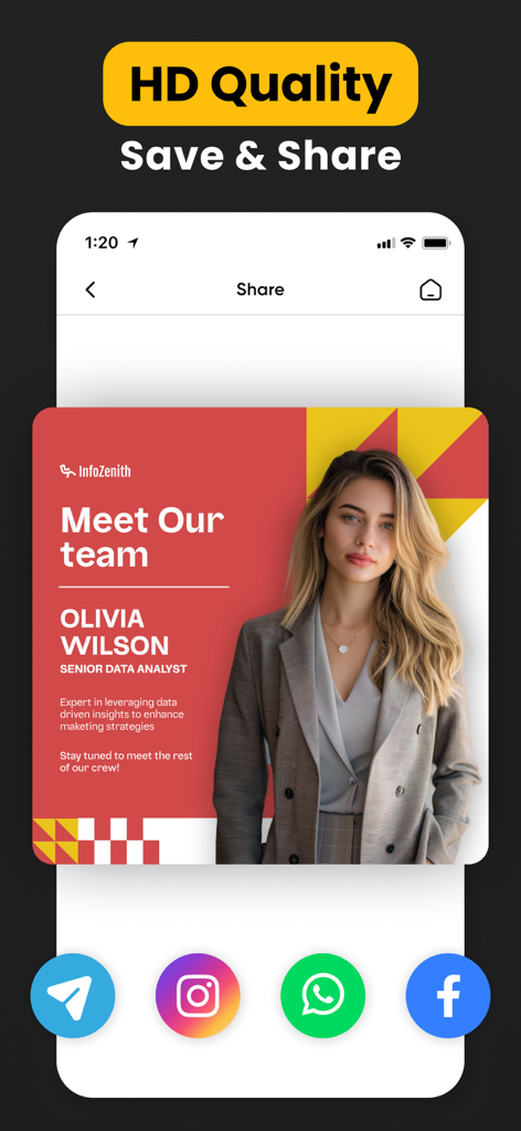 Advertisement Maker, Create Ad - App display showing high quality sharing of business ads to social media platforms