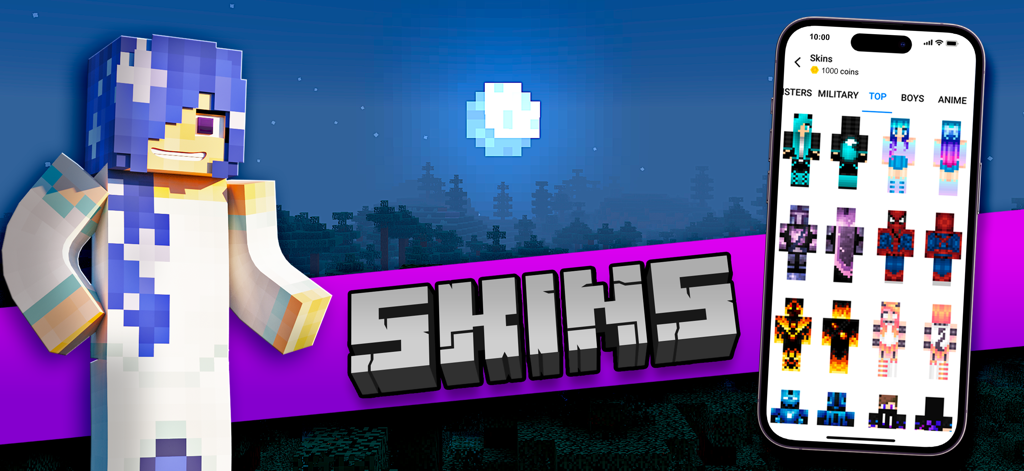 Ein Katalog verschiedener Charakter-Skins in der App Skins for Minecraft Mods, angezeigt auf einem Smartphone.