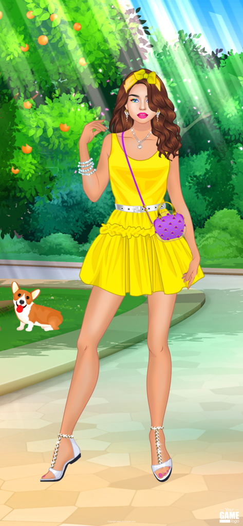 Girl Dress Up Games Offline - A stylish fashion doll wearing a yellow dress and a purple studded purse in a sunny park with a corgi dog