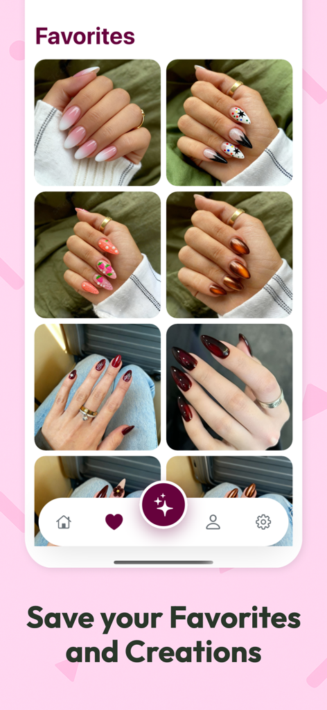 AI Nail Art Try On - CutieCure - A mobile app screen titled Favorites showing a grid of saved nail art designs on hands