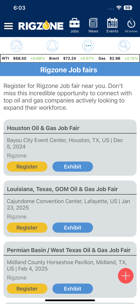Rigzone mobile app showing upcoming energy sector job fairs in Houston, Louisiana, and the Permian Basin