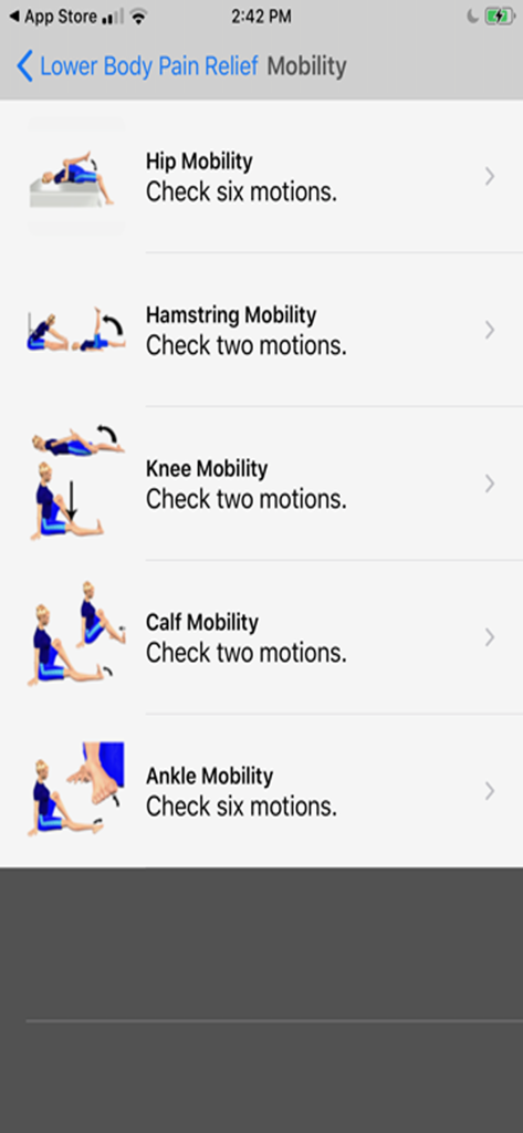 Stretch For Pain Relief Lower - A list of lower body mobility exercises in the app including hip, hamstring, knee, calf, and ankle stretches.