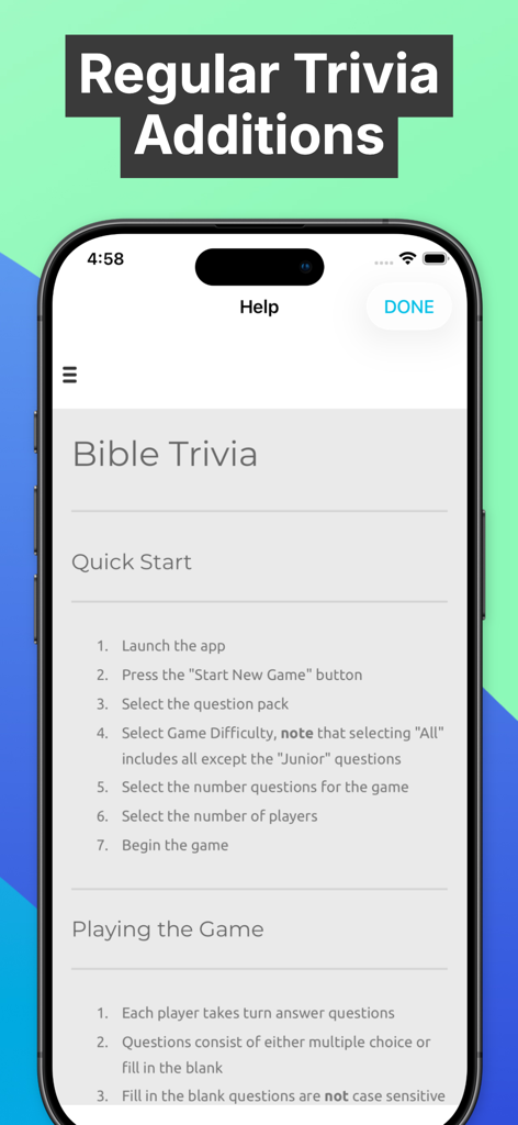 Bible Trivia - Christian Game - クイックスタートとゲームプレイの指示を示す聖書クイズアプリのヘルプ画面